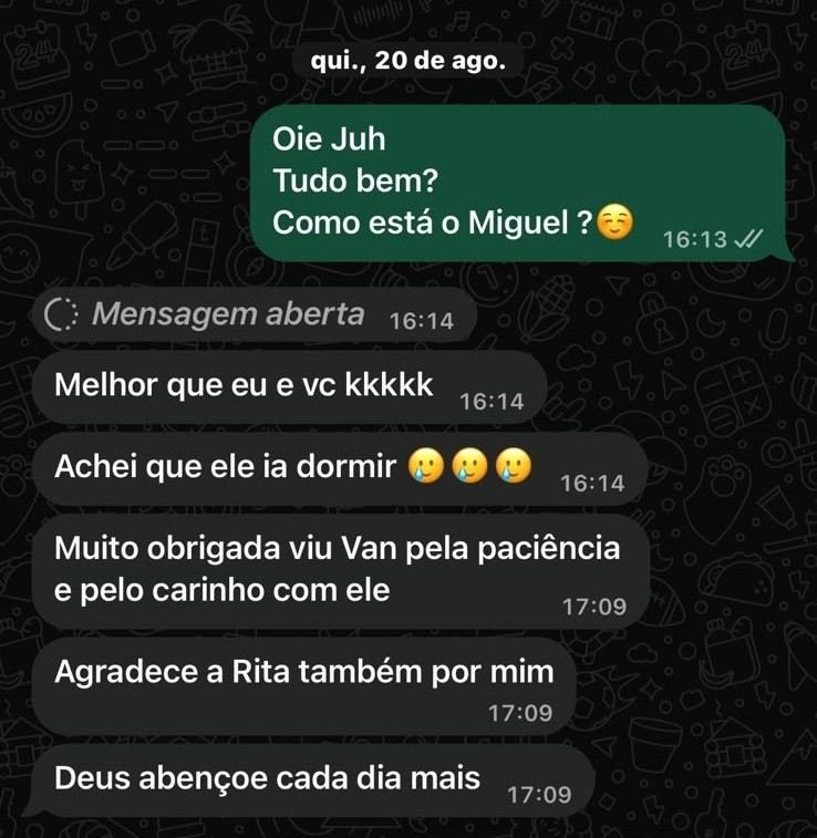Mensagem de mãe de paciente: muito obrigada pela paciência e pelo carinho com ele
